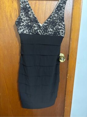 Darling Black Lace-Accent V-Neck Tiered Mini Dress